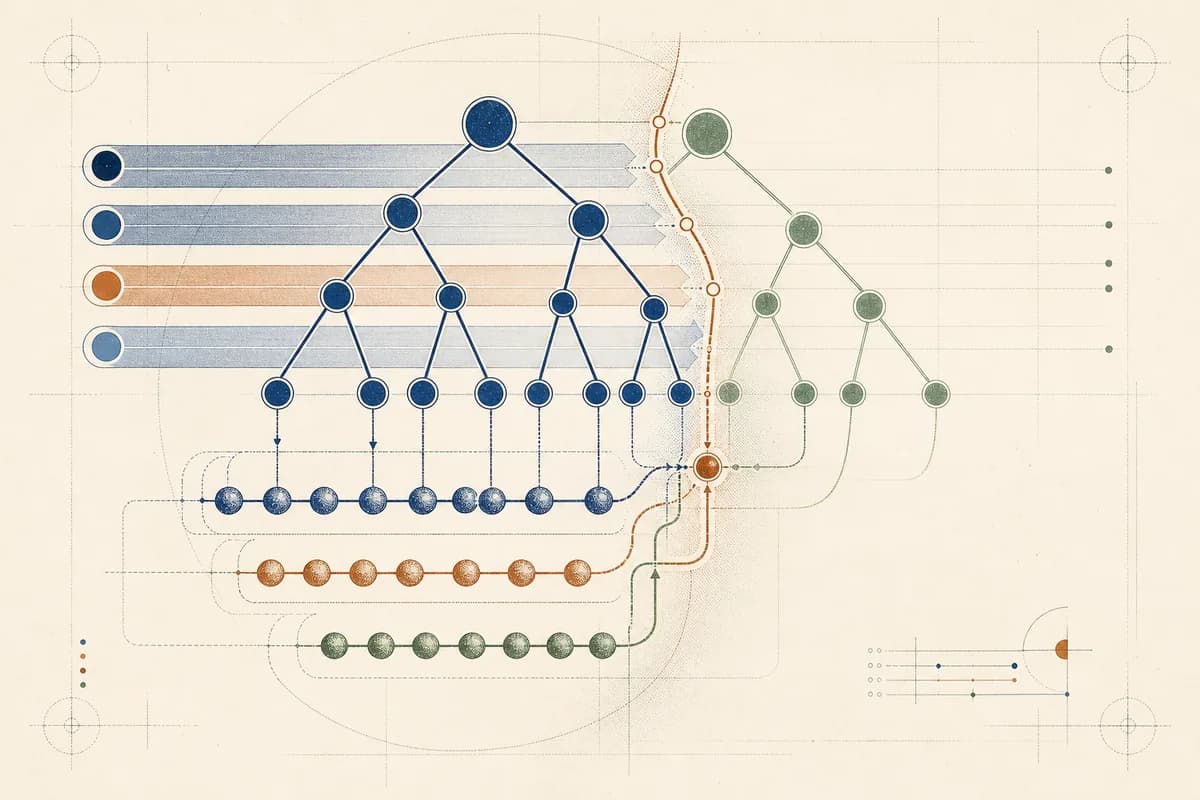 Layered scheduling lanes feeding two fiber trees through an orange render and commit boundary