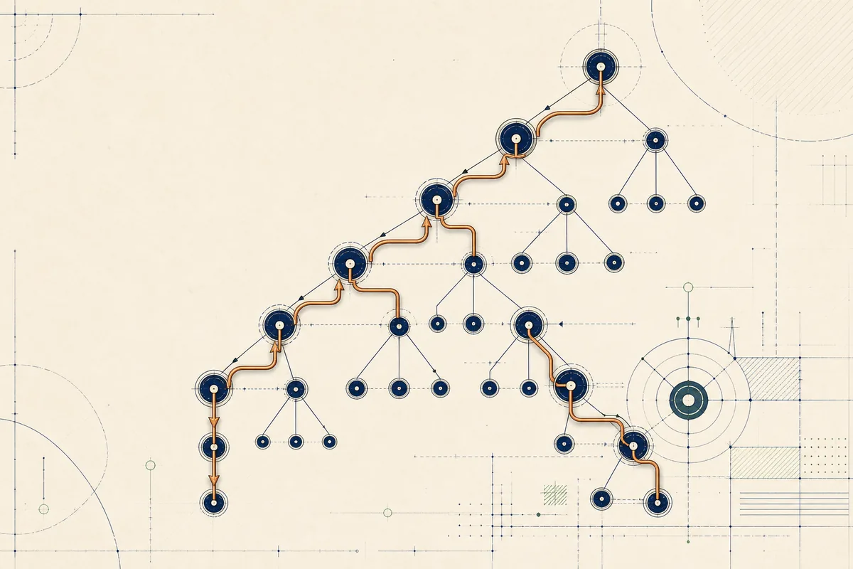 Abstract fiber tree with an orange route tracing the depth-first traversal between nodes